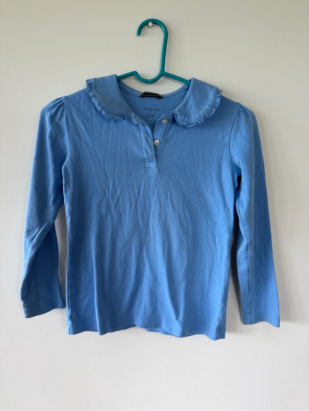 Lands' End Girls' Light Blue Ruffle-Collar Long Sleeve Polo